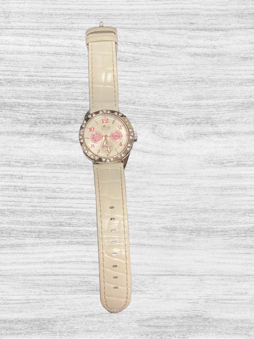 Lotus Cream Leather Strap Crystal-Trim Watch with Pink Accents